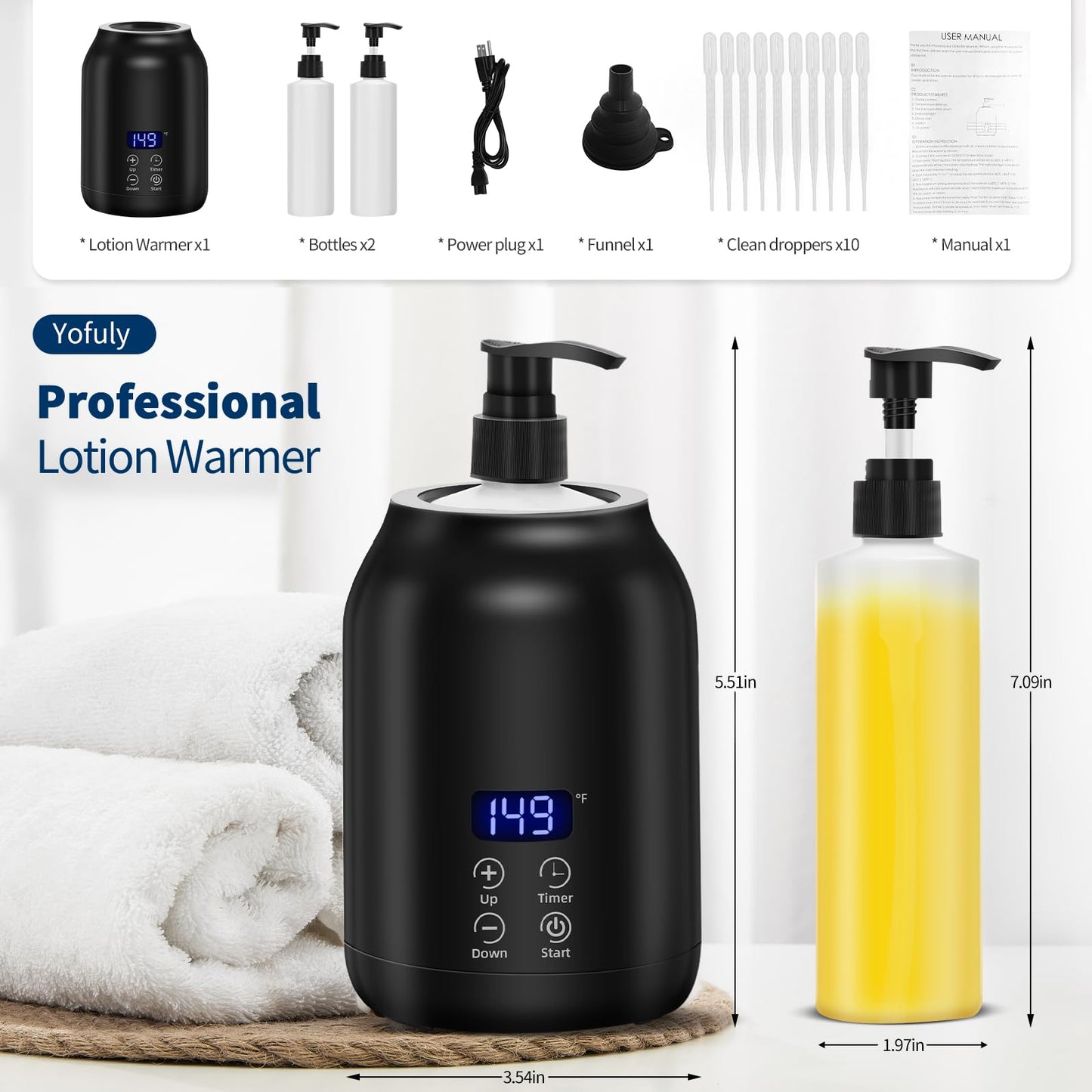 Massage Oil Warmer, Yofuly Electric Massage Oil Digital Heater with Two Oil Bottles, Portable Body Lotion Warmer Cream Heated Dispenser for SPA, Salon and Home Use, Black