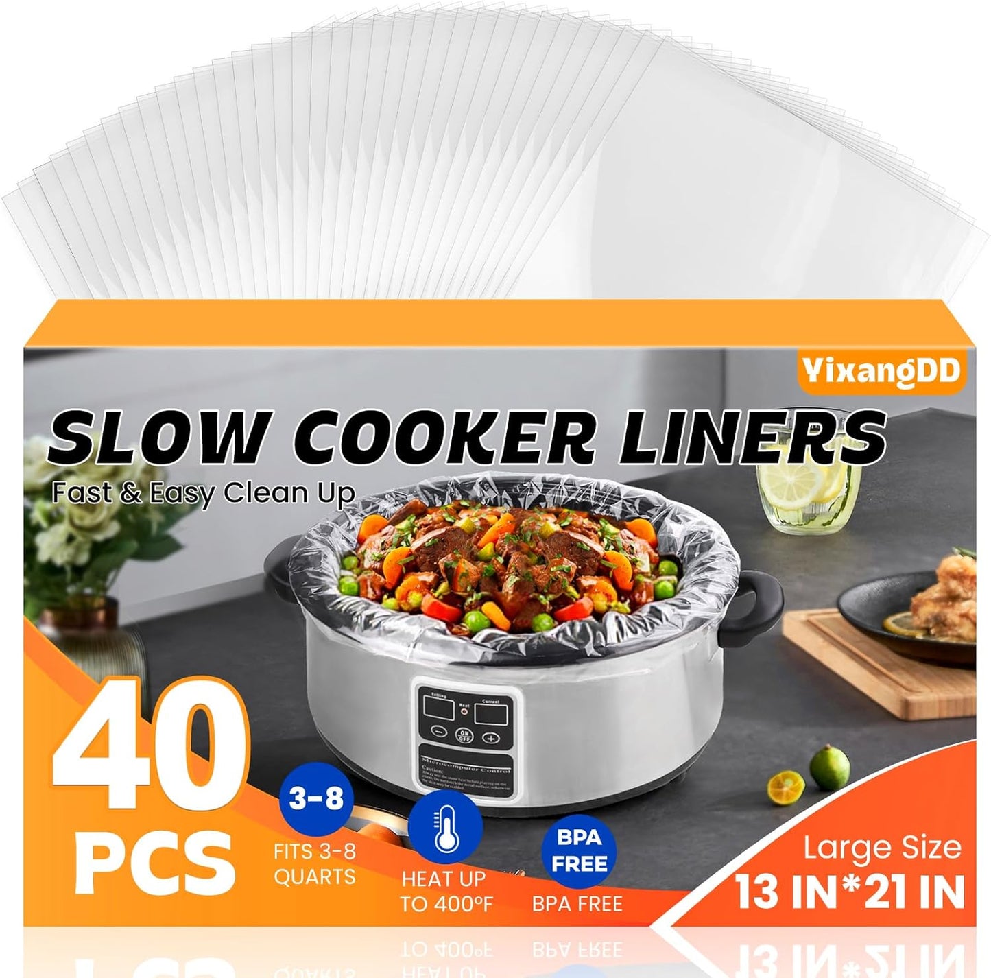 Skiennix Slow Cooker Liners - 40 Pack Disposable Cooking Bags for 3-8 Quart Pots | BPA Free, Large 13"x21" Size