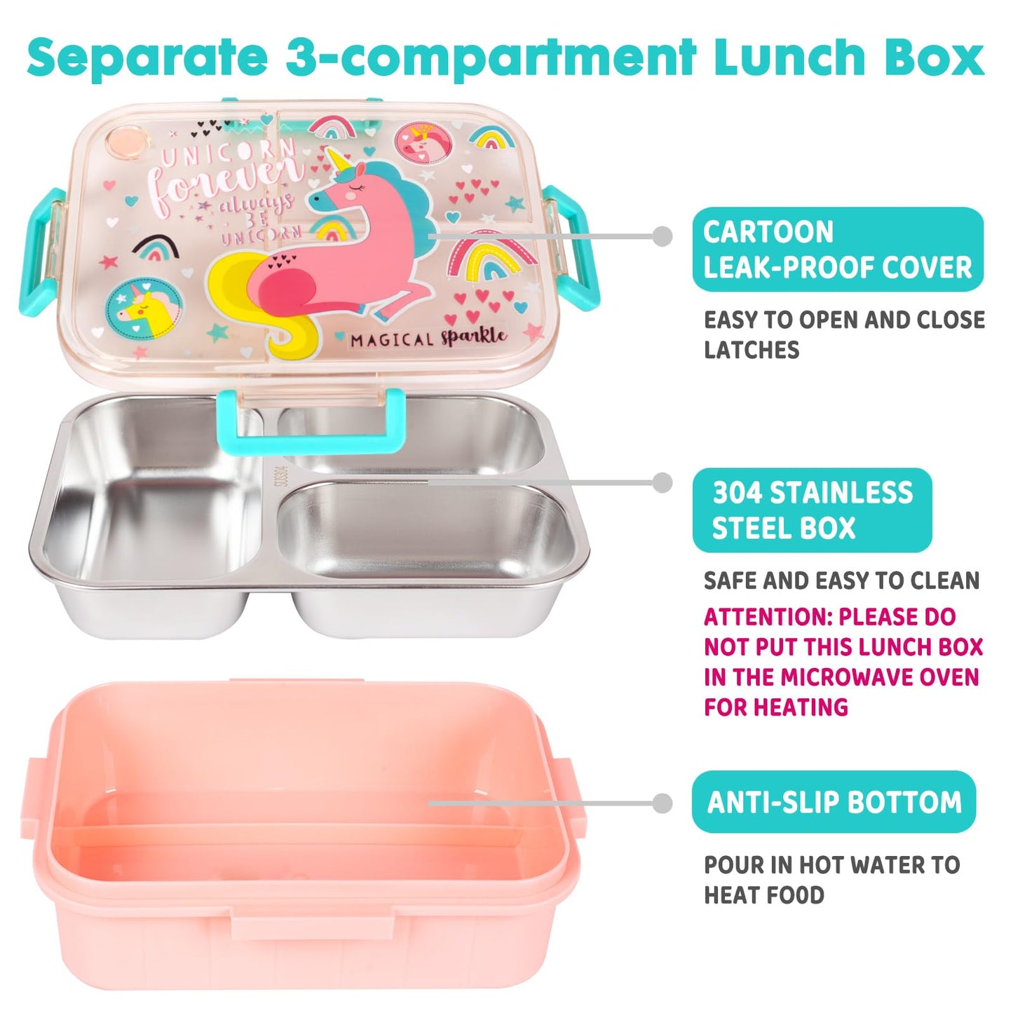 YOYTOO Stainless Steel Bento Lunch Box for Kids, 800ml/27oz BPA-Free Leak-Proof Children Food Containers with 3 Compartments, School Students Daycare Lunches/Snack Container