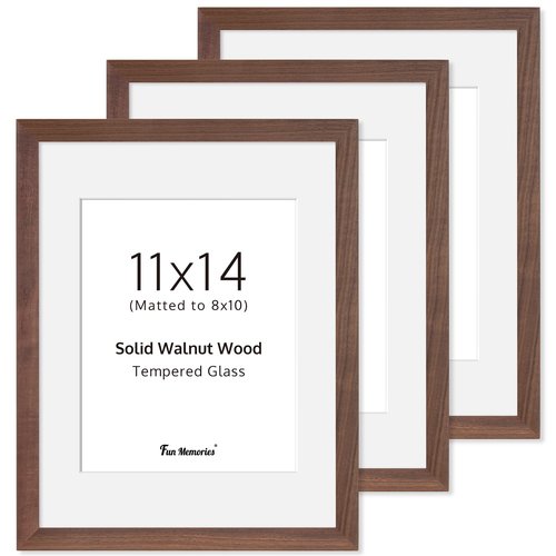 11x14 Picture Frame, Solid Walnut Wood 11"x14" Photo Frame, 11 x 14 Wood Frame for Wall, Tempered Glass, 11x14 Frame with Mat for 8x10,Rustic Walnut Frame 11 by 14, 3 Pack
