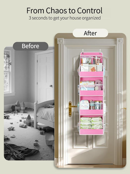 Yecaye 5-Tier Over The Door Organizer - Swing-Proof Hanging Storage with Clear PVC Windows | Bubblegum Pink