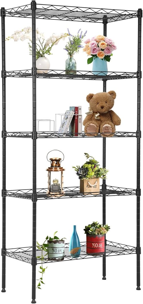 FDW Adjustable 5-Tier Metal Pantry Shelves - 22L x 12W x 48H, NSF Certified Storage Rack for Kitchen & Garage - Black
