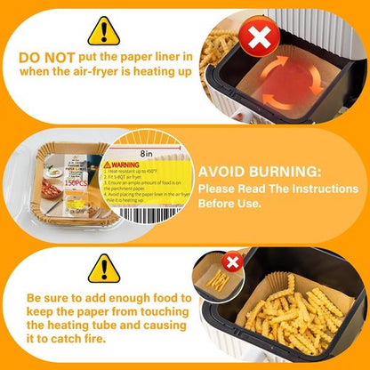 Air Fryer Liners - 150 Pcs Disposable Parchment Paper | 8" Square Non-Stick Baking & Roasting