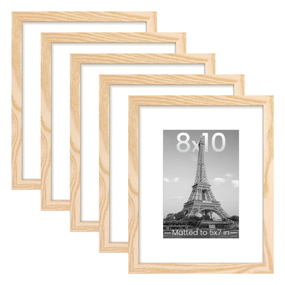 upsimples 8x10 Picture Frame Set of 5, Display Pictures 5x7 with Mat or 8 x 10 Without, Wall Gallery Photo Frames, Natural