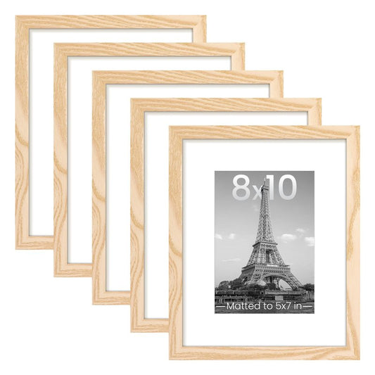 upsimples 8x10 Picture Frame Set of 5, Display Pictures 5x7 with Mat or 8 x 10 Without, Wall Gallery Photo Frames, Natural