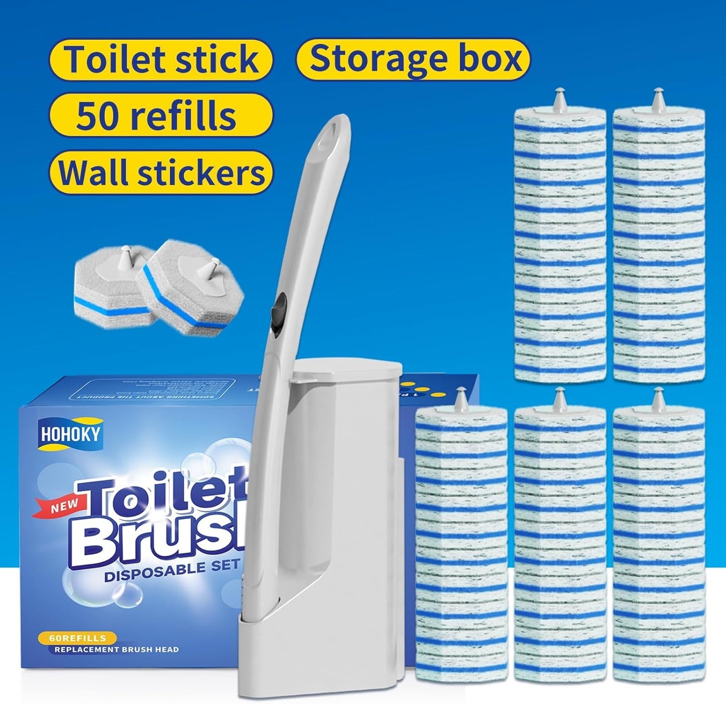Skiennix Disposable Toilet Brush Cleaning System - 50 Refill Pads & Wall-Mounted Holder for Easy Maintenance