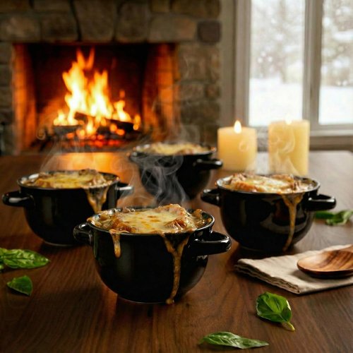 KooK French Onion Soup Crocks - Ceramic Bowls with Handles, 18 oz, Set of 4 | Dishwasher & Oven Safe, Black
