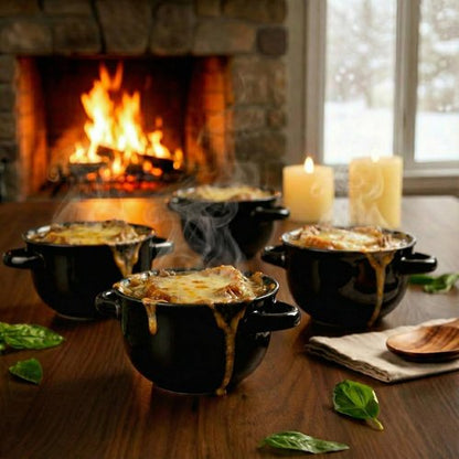 KooK French Onion Soup Crocks - Ceramic Bowls with Handles, 18 oz, Set of 4 | Dishwasher & Oven Safe, Black