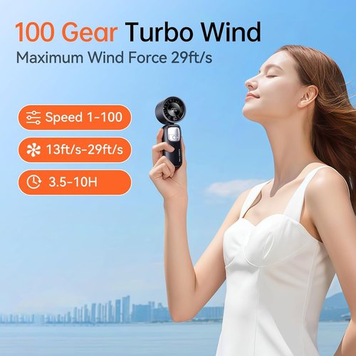 KIMMOO 3-in-1 Portable Handheld Turbo Fan - 100 Speeds, 15000 RPM, 10-Hour Cooling, LED Display | Black Mini Travel Fan