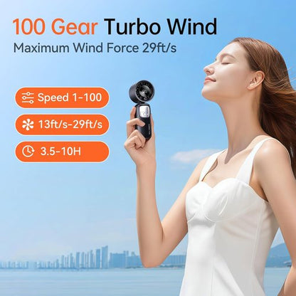 KIMMOO 3-in-1 Portable Handheld Turbo Fan - 100 Speeds, 15000 RPM, 10-Hour Cooling, LED Display | Black Mini Travel Fan