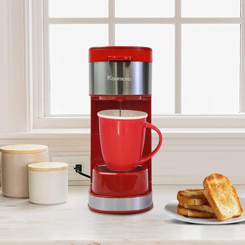 Kenmore Single Serve Coffee Maker - Compatible with Keurig K-Cup Pods & Ground Coffee | Travel Mug Friendly, Auto Shut-Off, Red