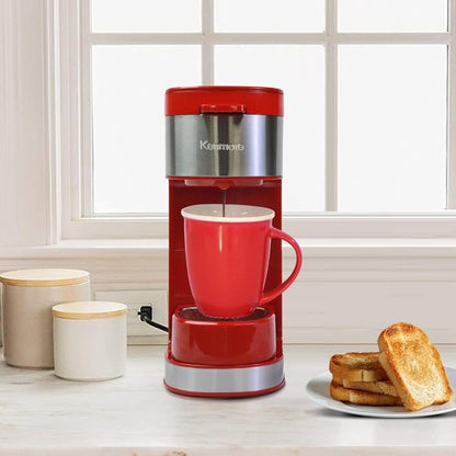 Kenmore Single Serve Coffee Maker - Compatible with Keurig K-Cup Pods & Ground Coffee | Travel Mug Friendly, Auto Shut-Off, Red