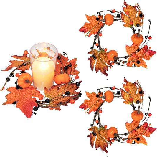 Skiennix 3-Piece Fall Candle Rings - Autumn Maple Leaves & Pumpkins | Perfect for Thanksgiving & Halloween Decor
