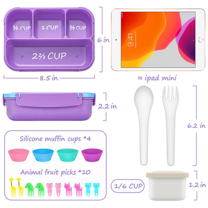 QQKO Bento Lunch Box with 4 Compartments, Sauce Container, Utensils, Food Picks and Muffin Cups for School - Purple