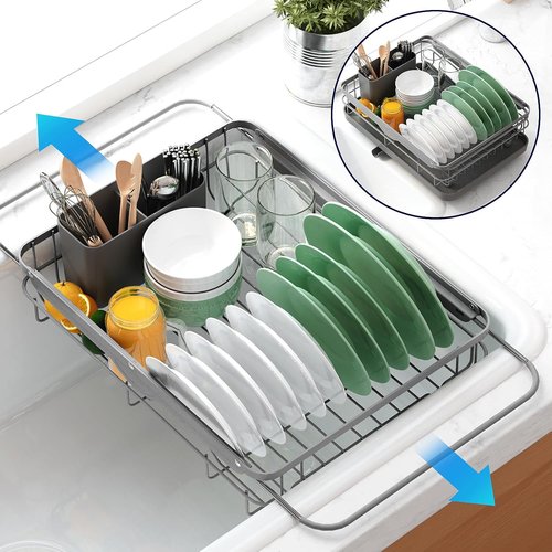 Kitsure Dish Drying Rack - Stainless Steel Kitchen Organizer with Cutlery Holder | 12.2''W x 15.7''~23''L, Grey