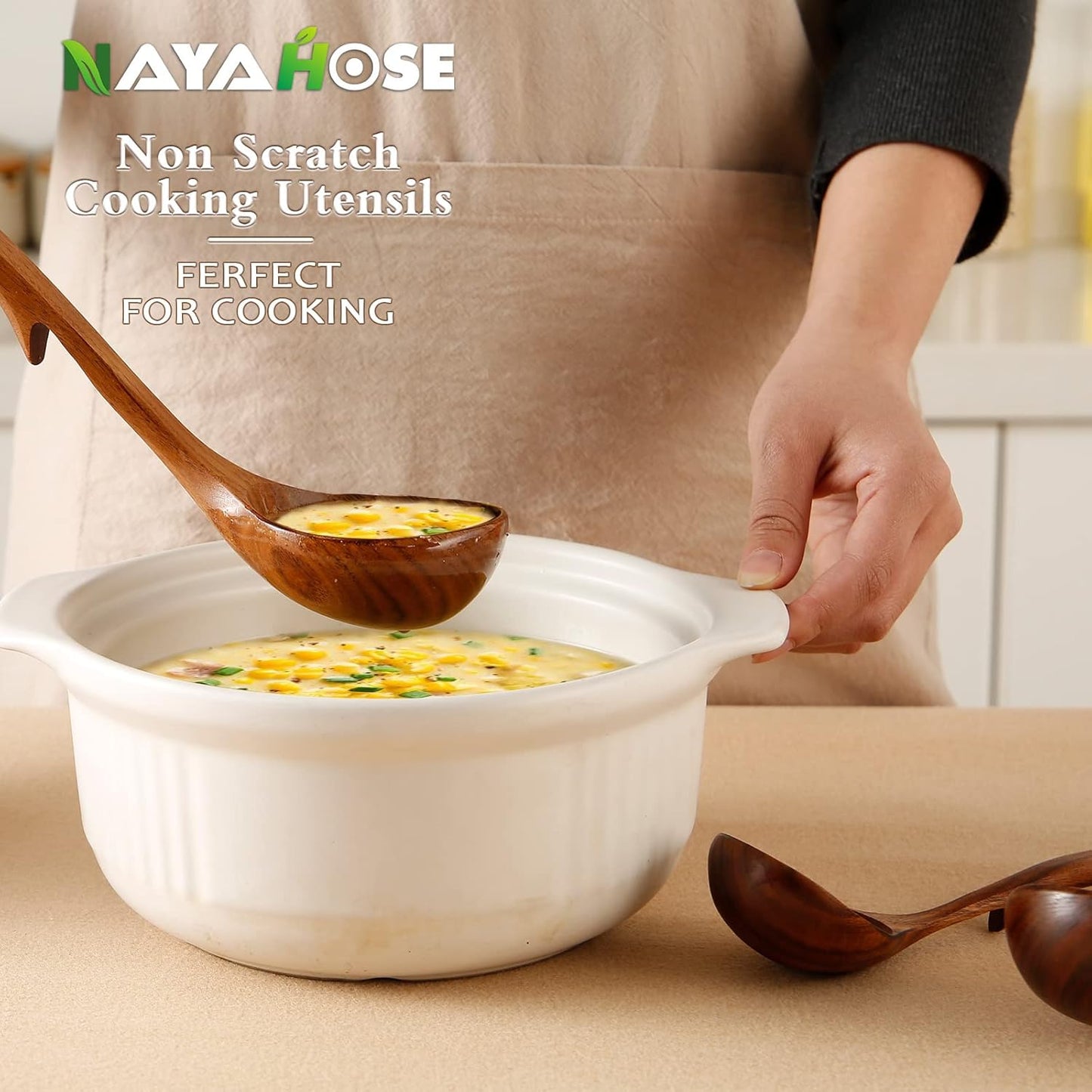 Skiennix Wooden Ladle - Natural Teak Cooking Spoon Set | Non-Stick, 3 Sizes for Soup & More