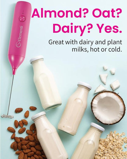 Elementi Pink Milk Frother Wand Rechargeable Drink Mixer - Powerful USB-C Rechargeable Frother & Coffee Stirrers Electric - Hand Held Whisk to Make Perfect Cappuccinos, Lattes & Drink Mixes at Home