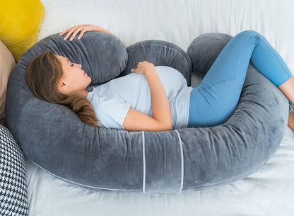 Queen Rose Pregnancy Pillow - E-Shaped Body Pillow for Side Sleepers | Detachable Grey Velvet, 60in