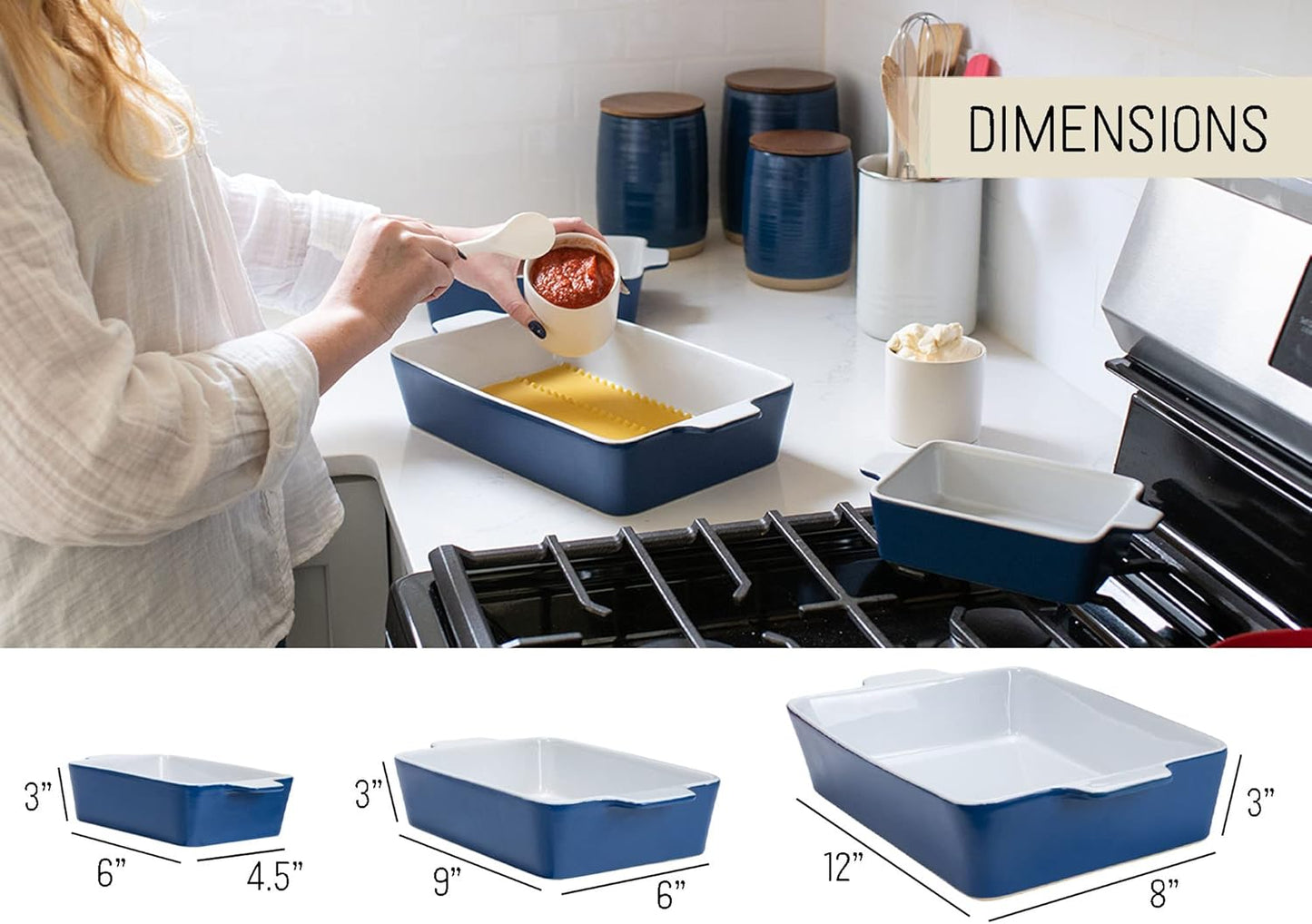 Nat & Jules Ceramic Stoneware Baking Dishes Set of 3 - Nested Blue 12 x 8 Inches
