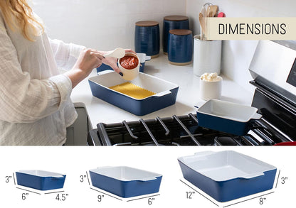 Nat & Jules Ceramic Stoneware Baking Dishes Set of 3 - Nested Blue 12 x 8 Inches