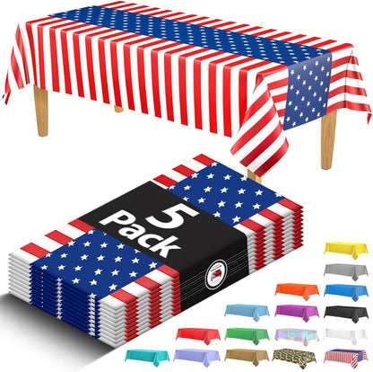 USA Flag Plastic Tablecloth by Premium | 5-Pack Disposable Rectangle Table Covers - 108 x 54 in. for July 4th Parties
