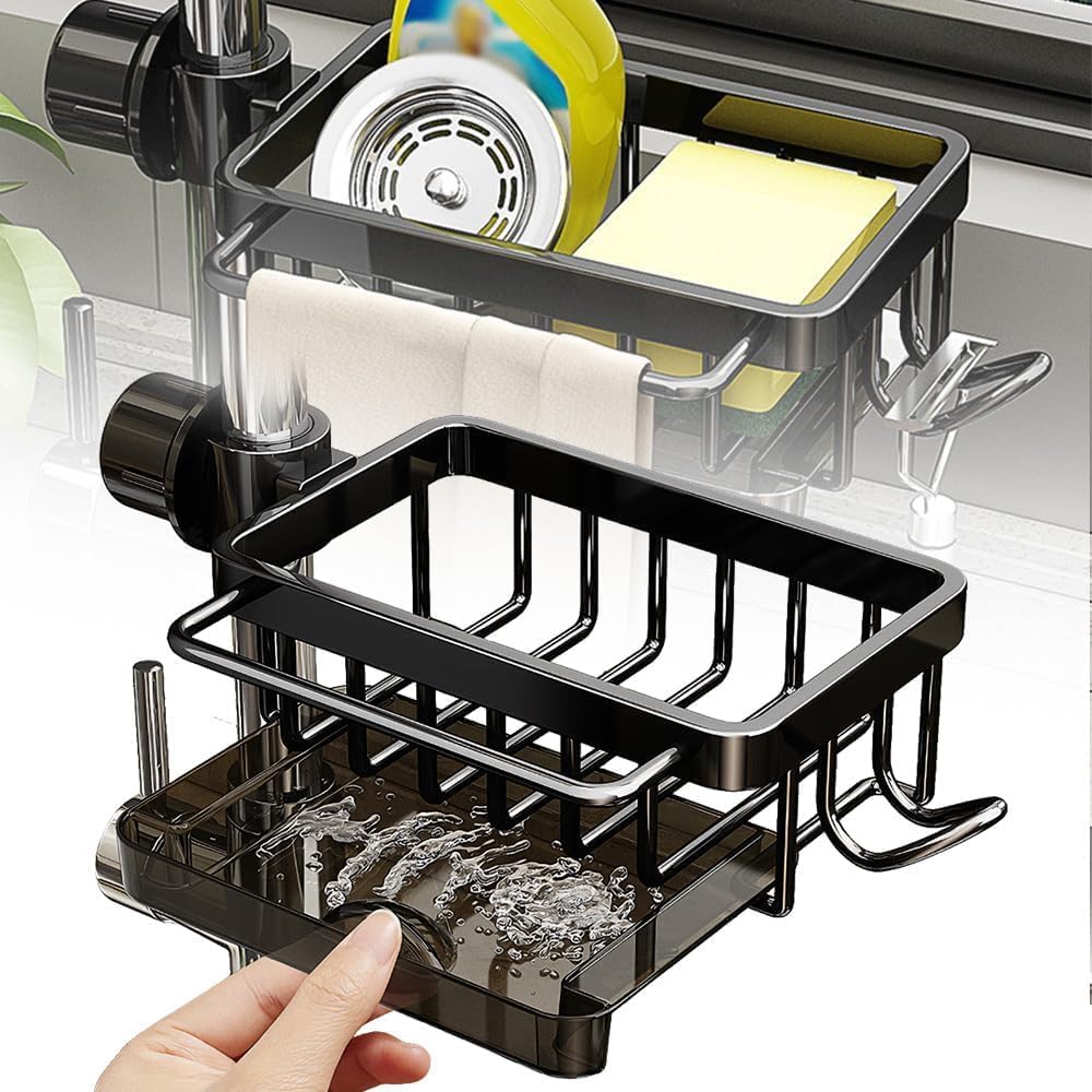 Skiennix Kitchen Sink Faucet Organizer - 2024 Upgraded Adjustable Sponge Holder | Black Right