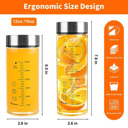 Glass Juice Bottles 4 Pack 12 oz - Wide Mouth Glass Water Bottles with Lids - for Juicing, Protein, Smoothie, Milk, Reusable, BPA Free, Stainless Steel Lids, Blender, Shaker Bottle (12oz/400ml)