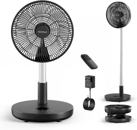 TriPole 12" Portable Rechargeable Standing Fan - Adjustable Height, Remote Control & Timer | 12000mAh Battery (Black)