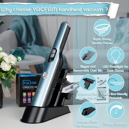 Skiennix Handheld Cordless Vacuum Cleaner - 18KPa Suction Power, Quick-Charge with LED Headlight, Blue