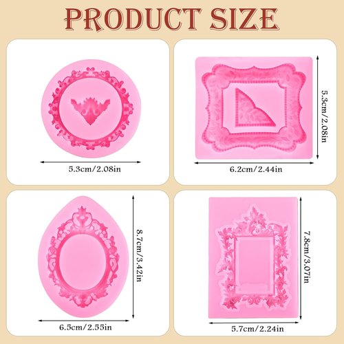 JJUNW Silicone Molds - 4 Pcs Baroque Style Photo Frame Molds for Cake Decoration & Crafts