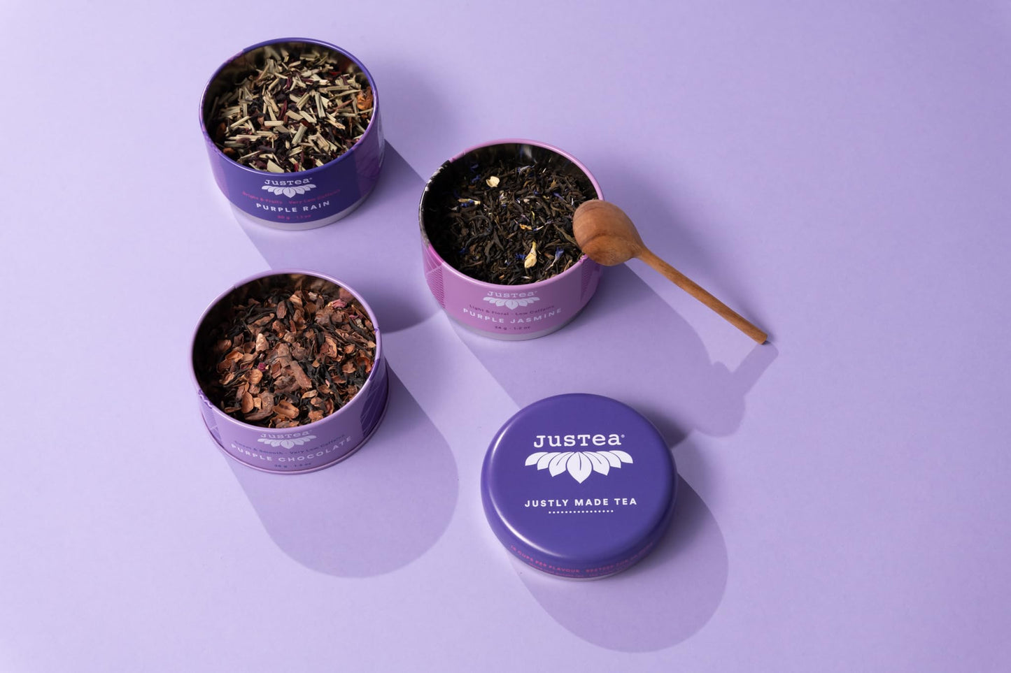 JusTea Purple Tea Trio | Stacking Tins Variety Pack with Hand Carved Tea Spoon | Loose Leaf Tea | Very Low Caffeine | Fair Trade | Non-GMO