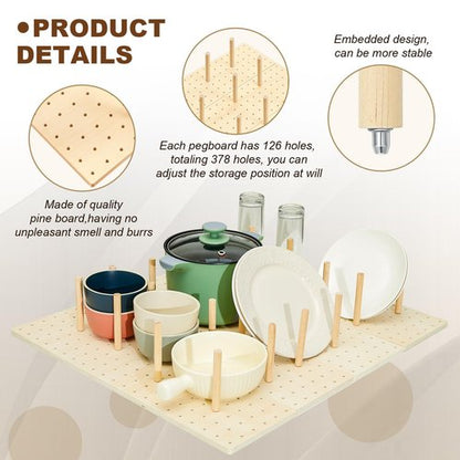 Kigley 3 Pcs Wood Pegboard Drawer Organizer with 32 Pegs Wooden Peg Board Drawer Shelf Organizer Adjustable Peg System for Dishes Plate Pot Container Cookware Utensil Kitchen(20.98 x 5.91 in)