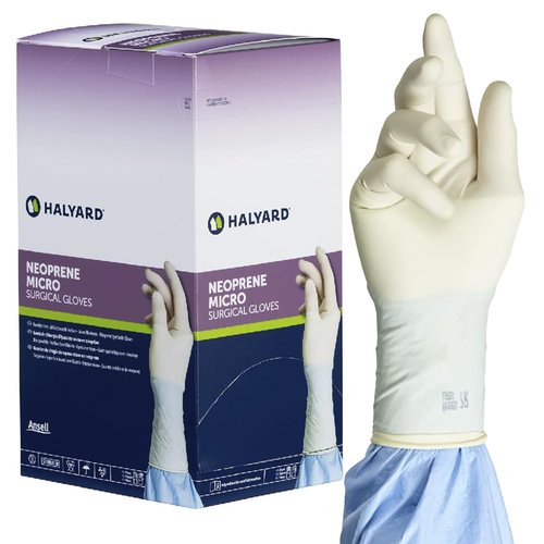 HALYARD Micro Surgical Gloves Sterile Neoprene Individually Wrapped Pairs Powder Free Medical Disposable Gloves, 5.9 mil, Size 7.0 Medium, Cream, SGL85070 (Box of 50 Pairs - 100 Total)