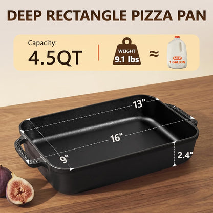 Cast Iron Detroit Pizza Pan - 9x13 Inch Pre-Seasoned Deep Dish for Casserole, Focaccia & Lasagna
