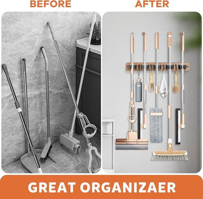IMILLET Broom Holder Wall Mount - Rustic Wood Organizer with 5 Racks & 4 Hooks for Home & Garden Storage