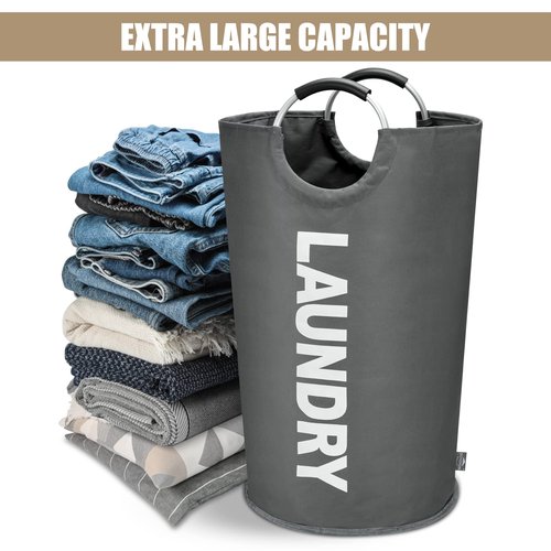 DOKEHOM 95L Large Laundry Basket, Collapsible Laundry Bag, Freestanding Tall Clothes Hamper, Foldable Washing Bin (Dark Grey)