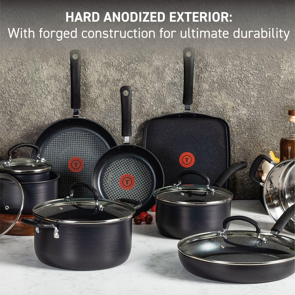 T-fal Ultimate Hard Anodized Nonstick Cookware Set 14 Piece, Oven Broiler Safe 400F, Lid Safe 350F, Kitchen Cooking Set w/ Fry Pans, Saucepans, Griddle, Dutch Oven, Pots & Pans, Dishwasher Safe, Black