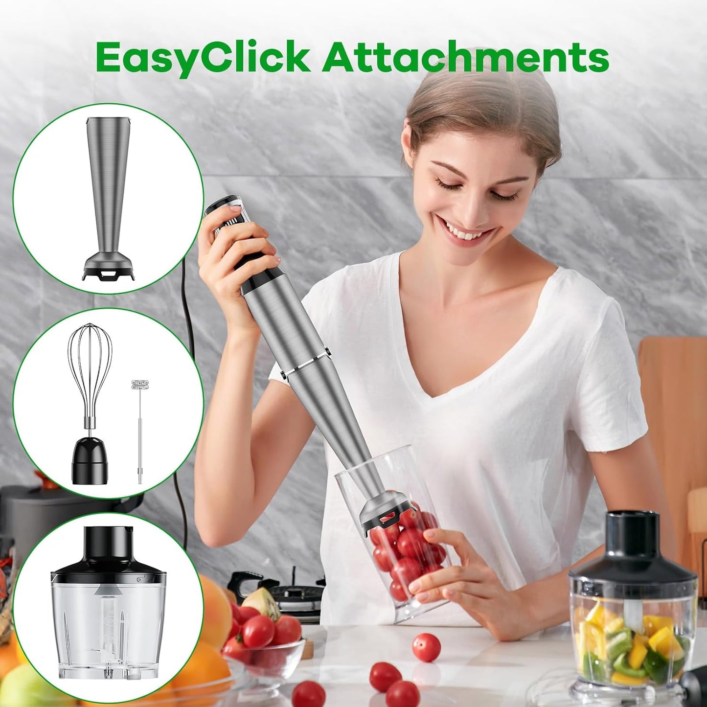 Turelar Immersion Blender - 1100W Handheld Stick Blender Set with Variable Speed, Chopper & Whisk - Black