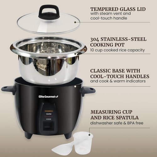Elite Gourmet Electric Rice Cooker - 10-Cup Capacity with Stainless Steel Inner Pot | Perfect for Soups, Stews, and Grains