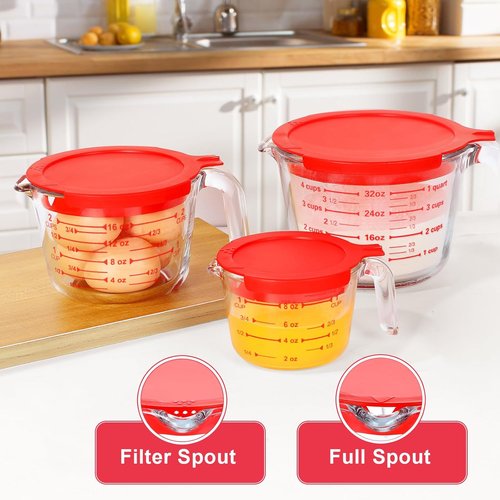 KOMUEE Glass Measuring Cups Set - 4-Piece Liquid Measuring Cups with Lids | 5 Oz, 1-Cup, 2-Cup, 4-Cup