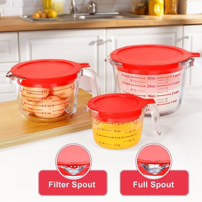KOMUEE Glass Measuring Cups Set - 4-Piece Liquid Measuring Cups with Lids | 5 Oz, 1-Cup, 2-Cup, 4-Cup