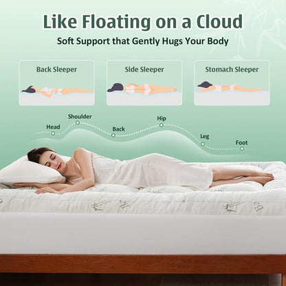 DOWNCOOL 3 Inch Queen Mattress Topper - Cooling Memory Foam for Back Pain Relief | Breathable Bamboo Viscose, Deep Pocket Fit 8-21 Inch