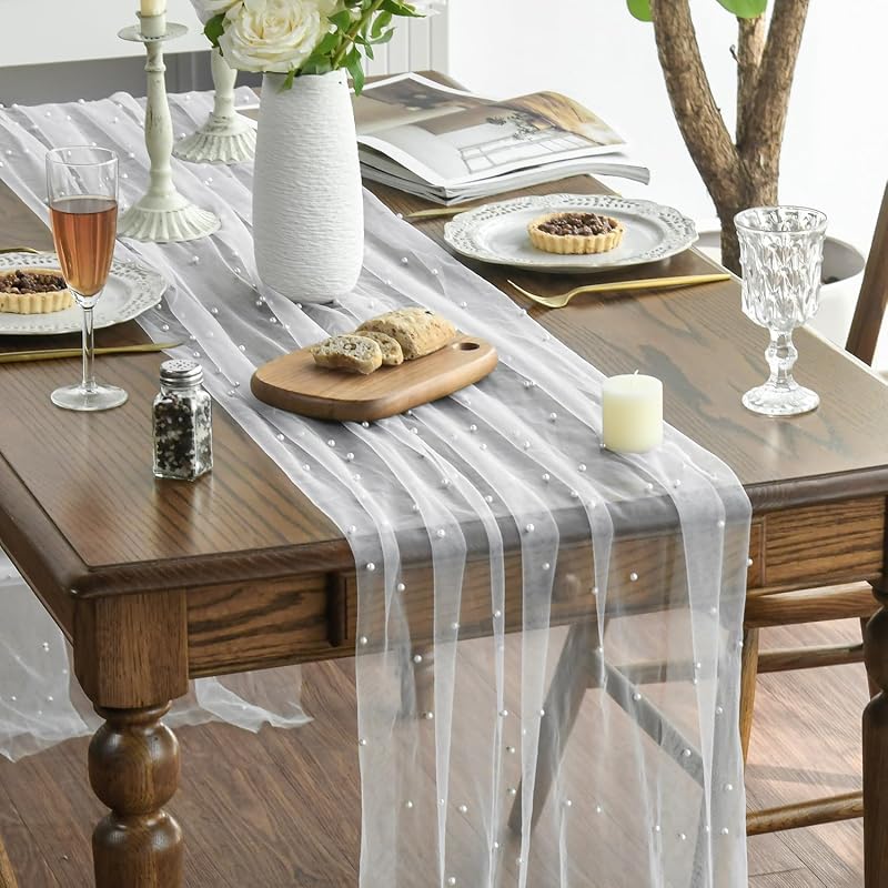Pearl White 3-Pack 28 x 120 Inch Gauze Table Runner - 10ft, Artoid Mode