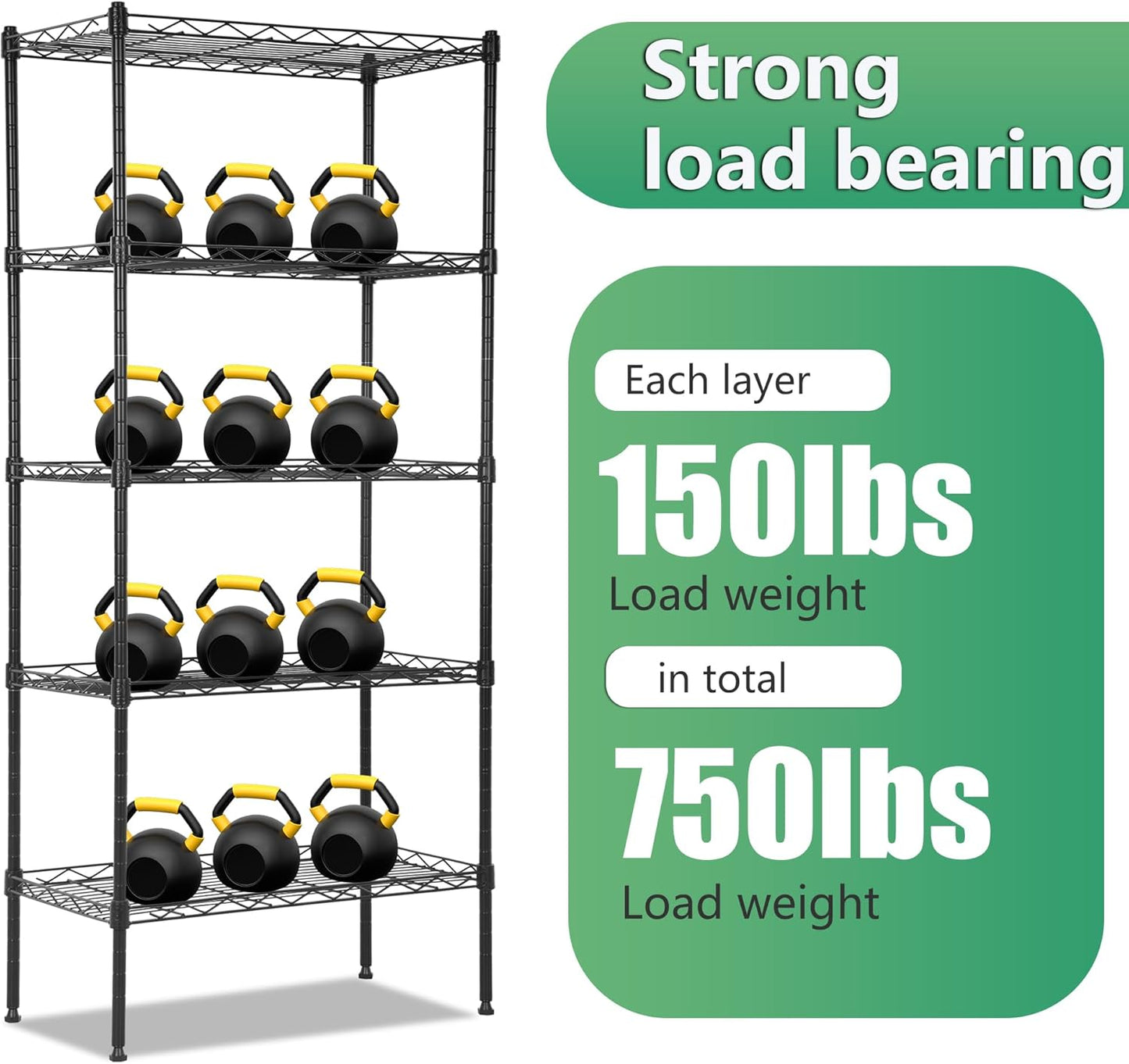 BestOffice 5-Tier Wire Storage Shelves - Heavy-Duty Metal | Adjustable Racks | 22x12x48 | Black | Holds Up to 750 lbs | No-Tool Assembly for Home & Garage