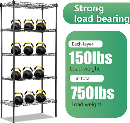 BestOffice 5-Tier Wire Storage Shelves - Heavy-Duty Metal | Adjustable Racks | 22x12x48 | Black | Holds Up to 750 lbs | No-Tool Assembly for Home & Garage