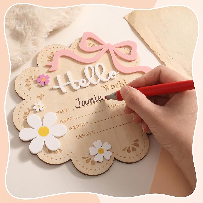 Wooden World Newborn Sign with Pink Bow – 6 Inch Baby Announcement Cloud Plaque