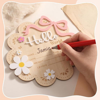 Wooden World Newborn Sign with Pink Bow – 6 Inch Baby Announcement Cloud Plaque