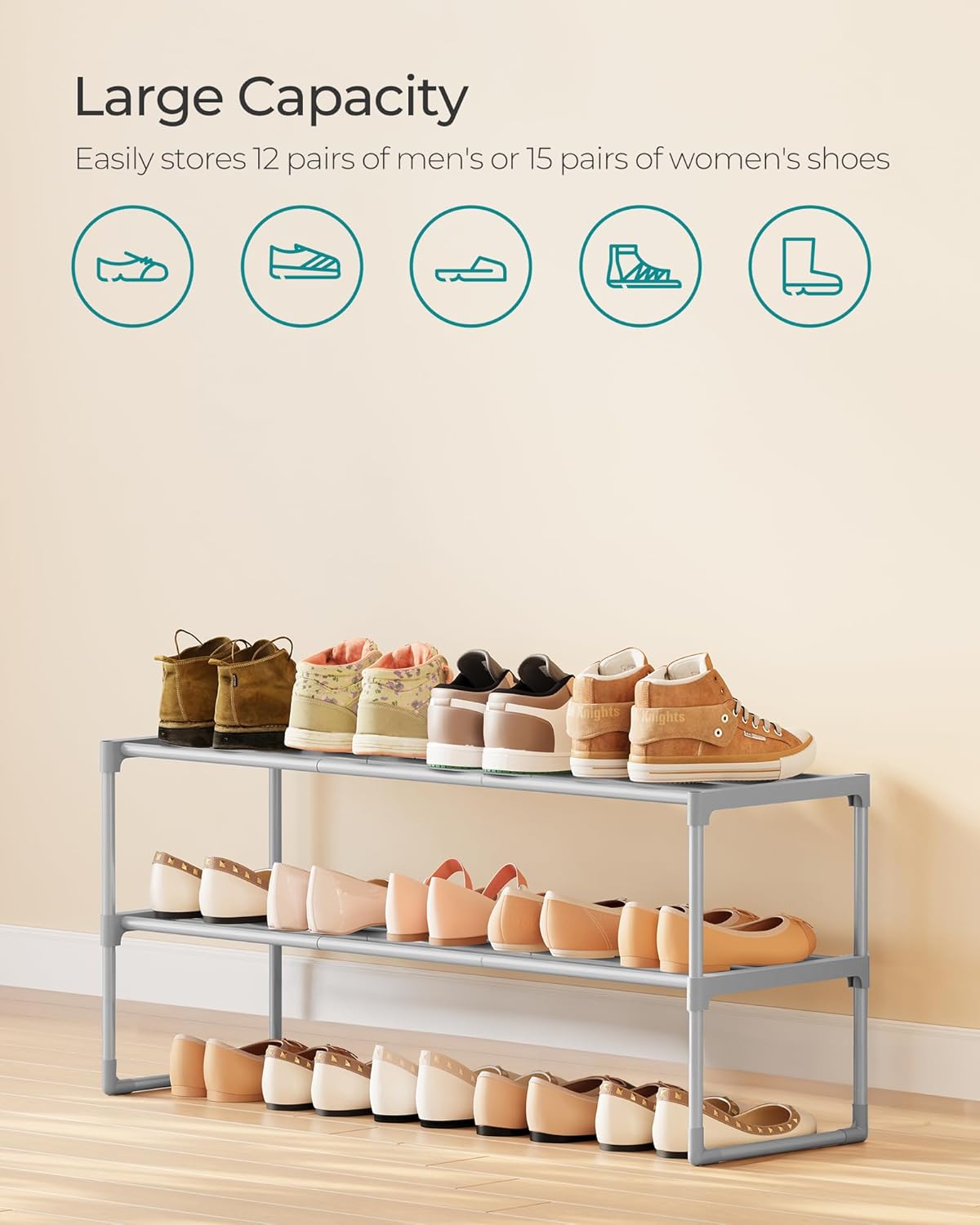 SONGMICS 2-Tier Shoe Rack - Stackable Metal Organizer for 12-15 Pairs | Gray, 11.8 x 36.2 x 14.6 Inches