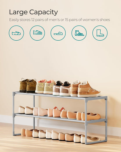 SONGMICS 2-Tier Shoe Rack - Stackable Metal Organizer for 12-15 Pairs | Gray, 11.8 x 36.2 x 14.6 Inches