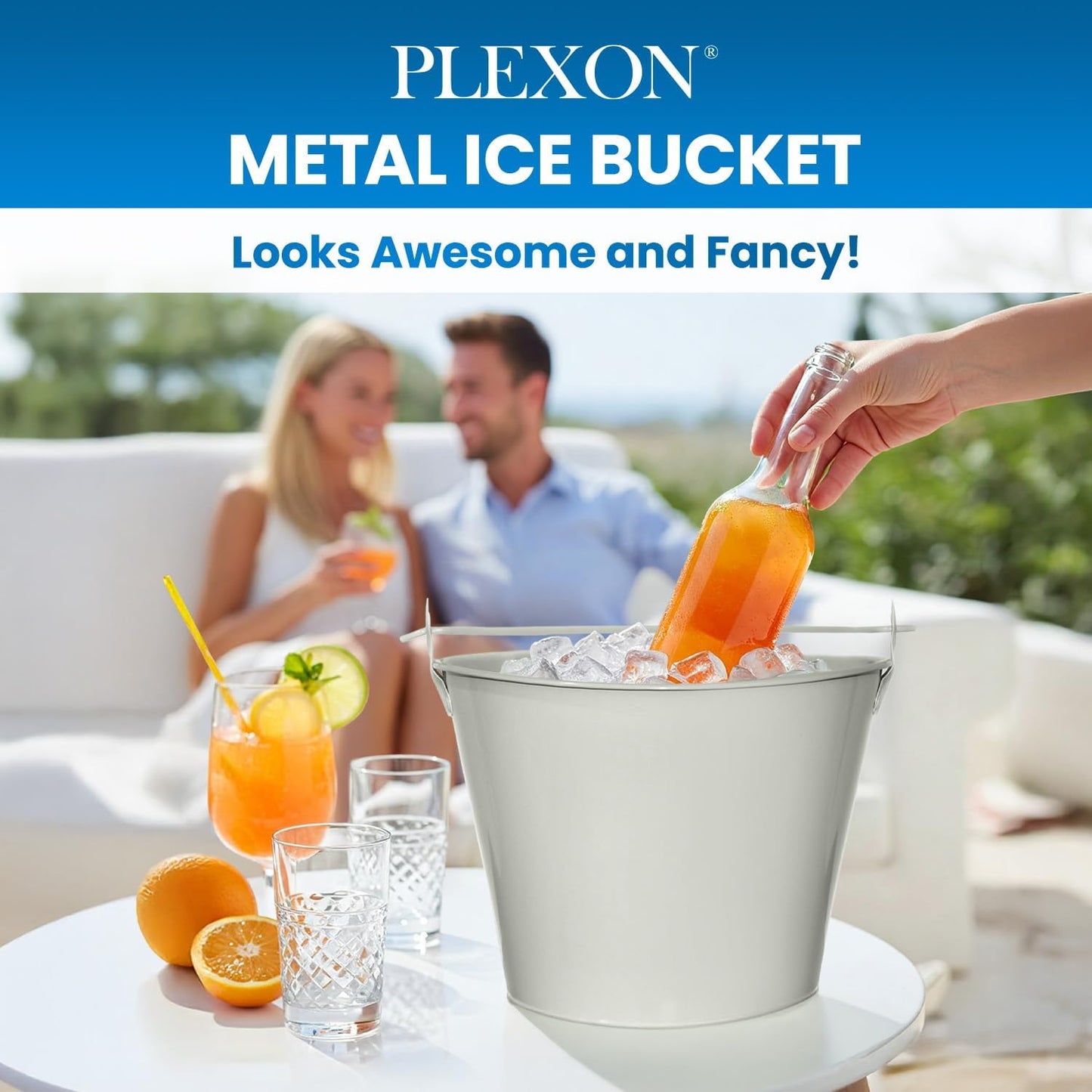 PLEXON Ice Bucket for Parties Coctail Bar Restaurant - Drink Beer Champagne Metal Pail Bucket with Handle, Beverage Chiller, Galvanized Steel, Set of 3
